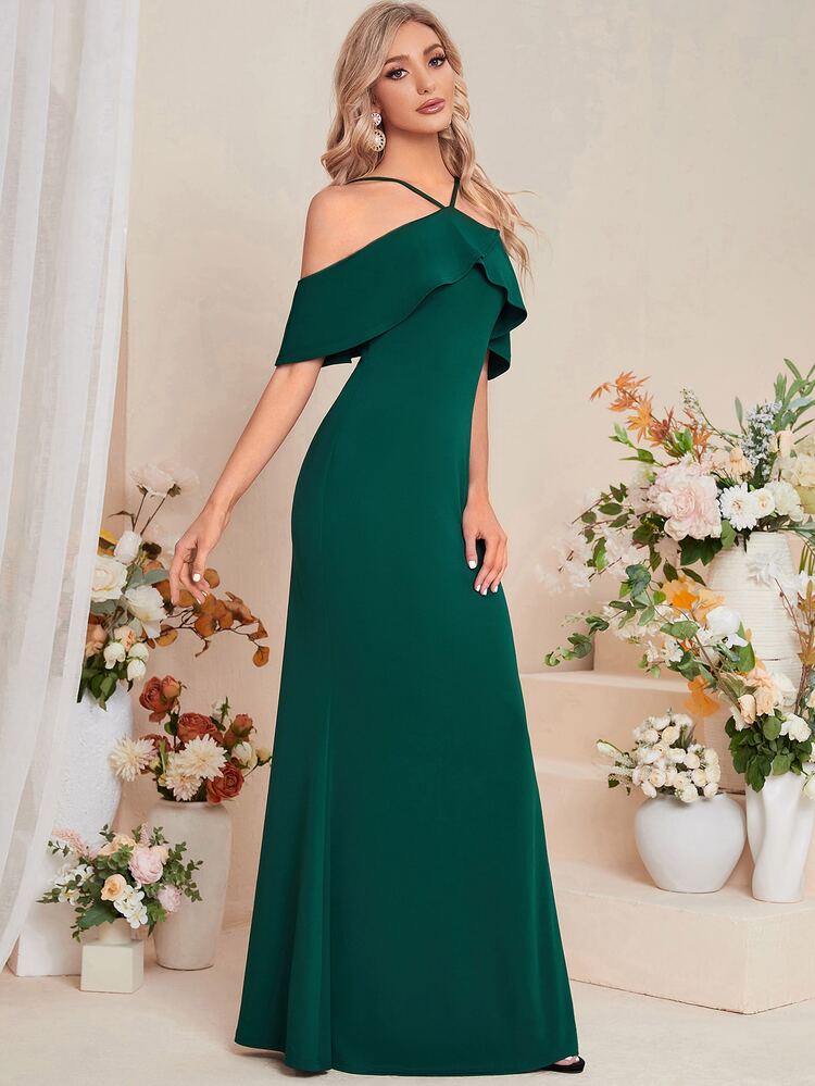 SHEIN Belle Robe de demoiselle d'honneur à épaules dénudées à volants - Vert sapin - Voir 5