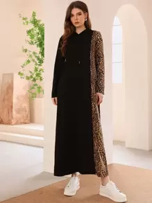 Mulvari Leopard Print Drawstring Hoodie Dress - Black - View 1