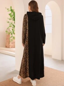 Mulvari Leopard Print Drawstring Hoodie Dress - Black - View 2