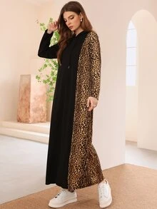Mulvari Leopard Print Drawstring Hoodie Dress - Black - View 3