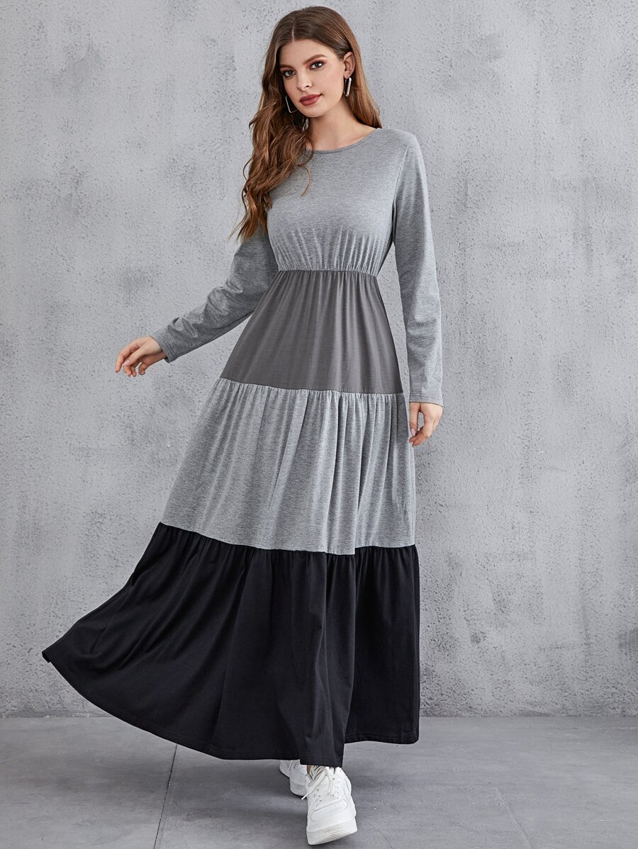 Mulvari Color Block Ruffle Hem A-Line Modest Long Sleeve Dress