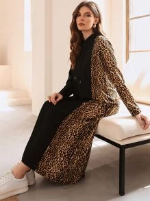 Mulvari Leopard Print Drawstring Hoodie Dress - Black - View 4