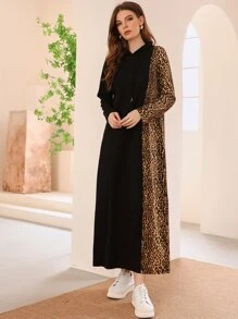 Mulvari Leopard Print Drawstring Hoodie Dress - Black - View 6