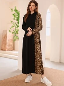 Mulvari Leopard Print Drawstring Hoodie Dress - Black - View 7