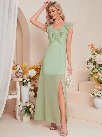 Vestido de dama de honor ribete con fruncido de muslo con abertura de gasa