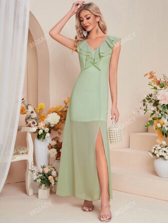 Ruffle Trim Split Thigh Chiffon Bridesmaid Dress