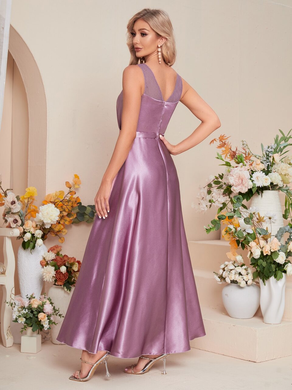 Contrast Polka Dot Mesh Satin Bridesmaid Dress