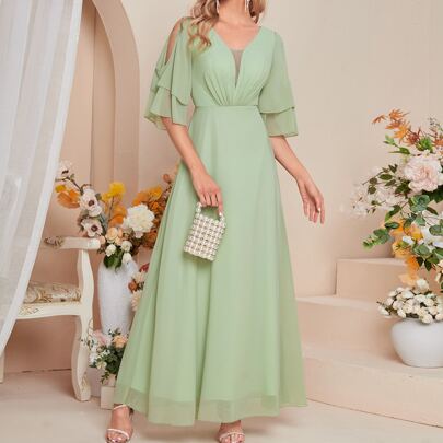Cold Shoulder Layered Sleeve Chiffon Bridesmaid Dress