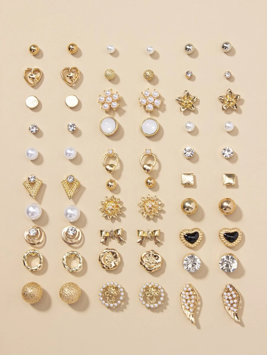 30pairs Faux Pearl & Rhinestone Decor Stud Earrings - Multicolor - View 1