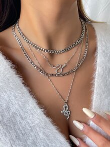 Rhinestone Serpentine Pendant Layered Necklace - Silver - View 2