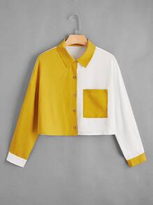 Plus Two Tone Patched Pocket Drop Shoulder Shirt - Multicolor - View 1