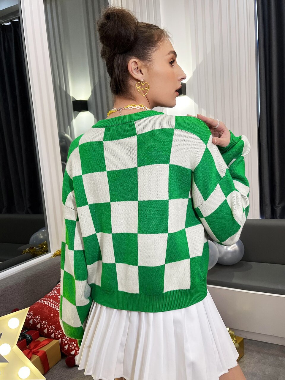 Checker Drop Shoulder Sweater