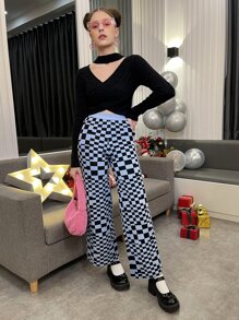 SHEIN EZwear 棋盤格印花直筒針織長褲