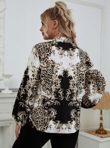 SHEIN Clasi Plus Leopard And Baroque Print Tie Neck Blouse - Multicolor - View 2