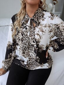 SHEIN Clasi Plus Leopard And Baroque Print Tie Neck Blouse - Multicolor - View 7