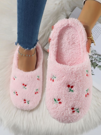 Cute Embroidered Fruit Cherry Heart Plush Warm Autumn/Winter Women's Indoor Slippers, Couple Home Bedroom Quiet Floor Socks Slippers