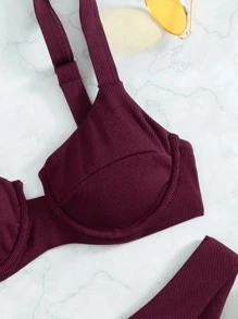 Rib Underwire Cheeky Bikini Set, For Summer Beach Vacation - Burgundy - View 3