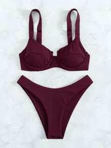 Rib Underwire Cheeky Bikini Set, For Summer Beach Vacation - Burgundy - View 4