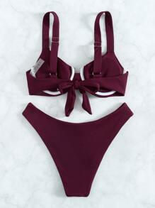 Rib Underwire Cheeky Bikini Set, For Summer Beach Vacation - Burgundy - View 5