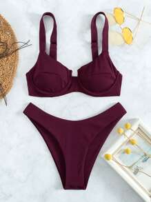 Rib Underwire Cheeky Bikini Set, For Summer Beach Vacation - Burgundy - View 6