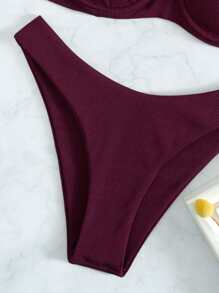 Rib Underwire Cheeky Bikini Set, For Summer Beach Vacation - Burgundy - View 7