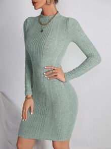 SHEIN Privé Ribbed Knit Bodycon Dress Without Belt - Mint Green - View 3