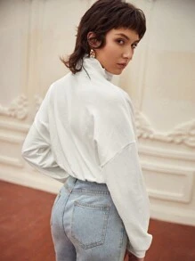 SHEIN Heart Print Quarter Zip Drop Shoulder Elastic Hem Pullover - White - View 2