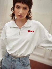SHEIN Heart Print Quarter Zip Drop Shoulder Elastic Hem Pullover - White - View 3