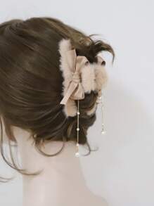 Bow Decor Plush Hair Claw - Khaki - View 1