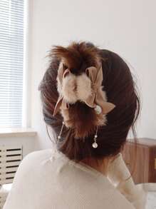 Bow Decor Plush Hair Claw - Khaki - View 3