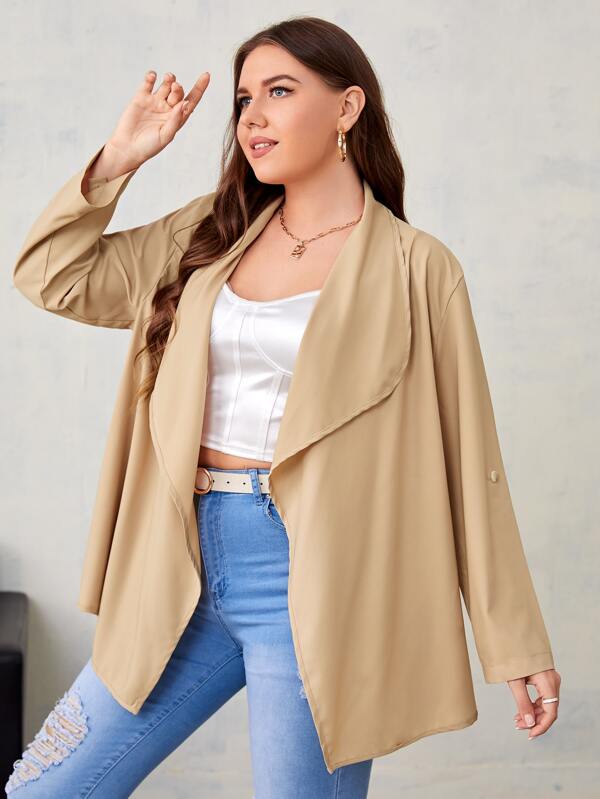 Grande Taille Femme Bouton Court Manches Retroussées Ouvert Cardigan Cascade Top Grande Taille Femme Bouton Court Manches Retroussées Ouvert Cardigan Cascade Top