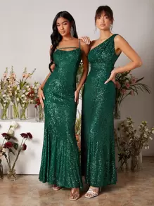 SHEIN Belle One Shoulder Sequin Prom Dress - Dark Green - View 1