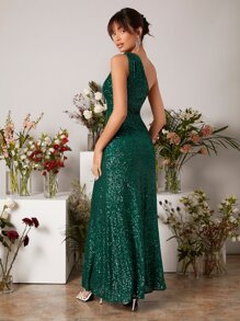 SHEIN Belle One Shoulder Sequin Prom Dress - Dark Green - View 2