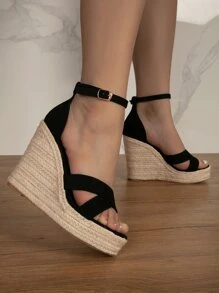 Women Criss Cross Design Wedge Sandals, Vacation Summer Black Ankle Strap Sandals - Black - View 5