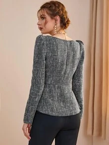 Modelyn Sweetheart Neck Puff Sleeve Split Hem Top - Dark Grey - View 2