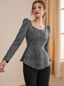 Modelyn Sweetheart Neck Puff Sleeve Split Hem Top - Dark Grey - View 5
