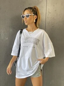 SHEIN Unity 字母圖案落肩T恤 - 白色 - 查看 3