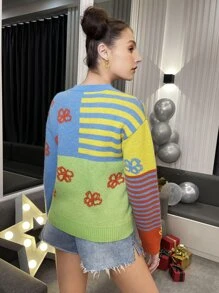 SHEIN 落肩袖花卉圖案和條紋圖案撞色套頭毛衣 - 彩色 - 查看 2