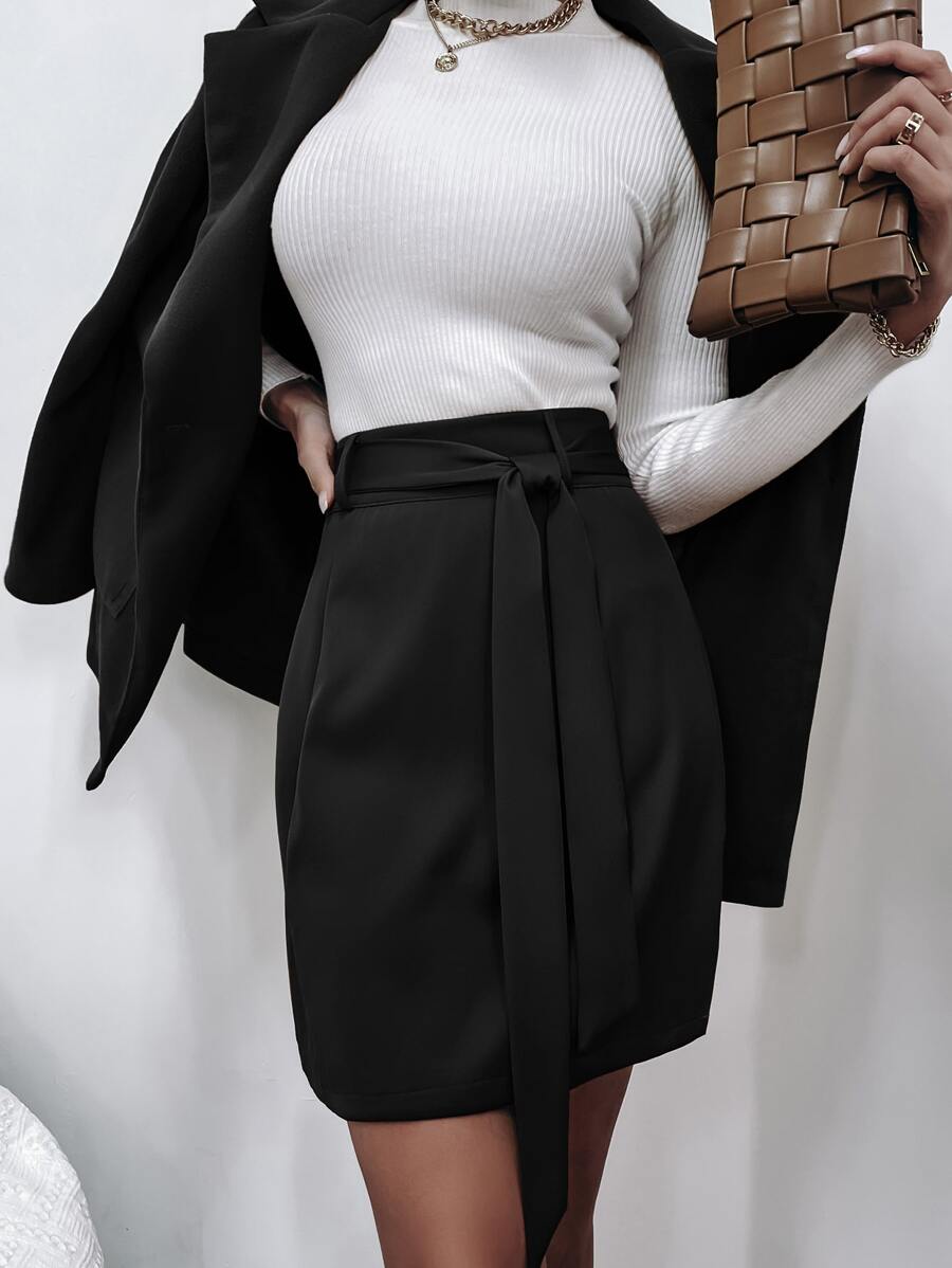 High Waist Solid Belted Skirt - Black - View 1