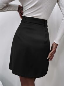 High Waist Solid Belted Skirt - Black - View 2