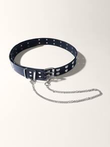 Faux Leather Curb Chain Hip Belt - Black - View 2