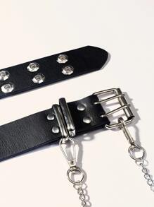 Faux Leather Curb Chain Hip Belt - Black - View 4