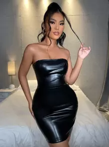 SHEIN PU皮革抹胸緊身連衣裙 - 黑色 - 查看 3