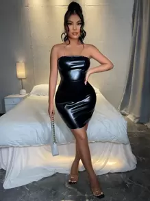 SHEIN PU皮革抹胸緊身連衣裙 - 黑色 - 查看 4