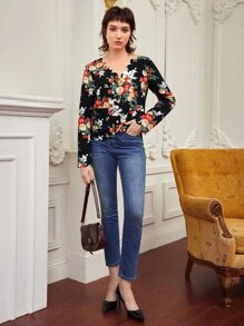 SHEIN Frenchy Floral Print Scallop Trim Jacket - Multicolor - View 5