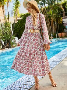 SHEIN LUNE 佩斯利印花燈籠袖不附腰帶襯衫連衣裙 - 彩色 - 查看 4