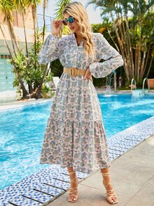 SHEIN LUNE 佩斯利印花燈籠袖不附腰帶襯衫連衣裙 - 彩色 - 查看 6