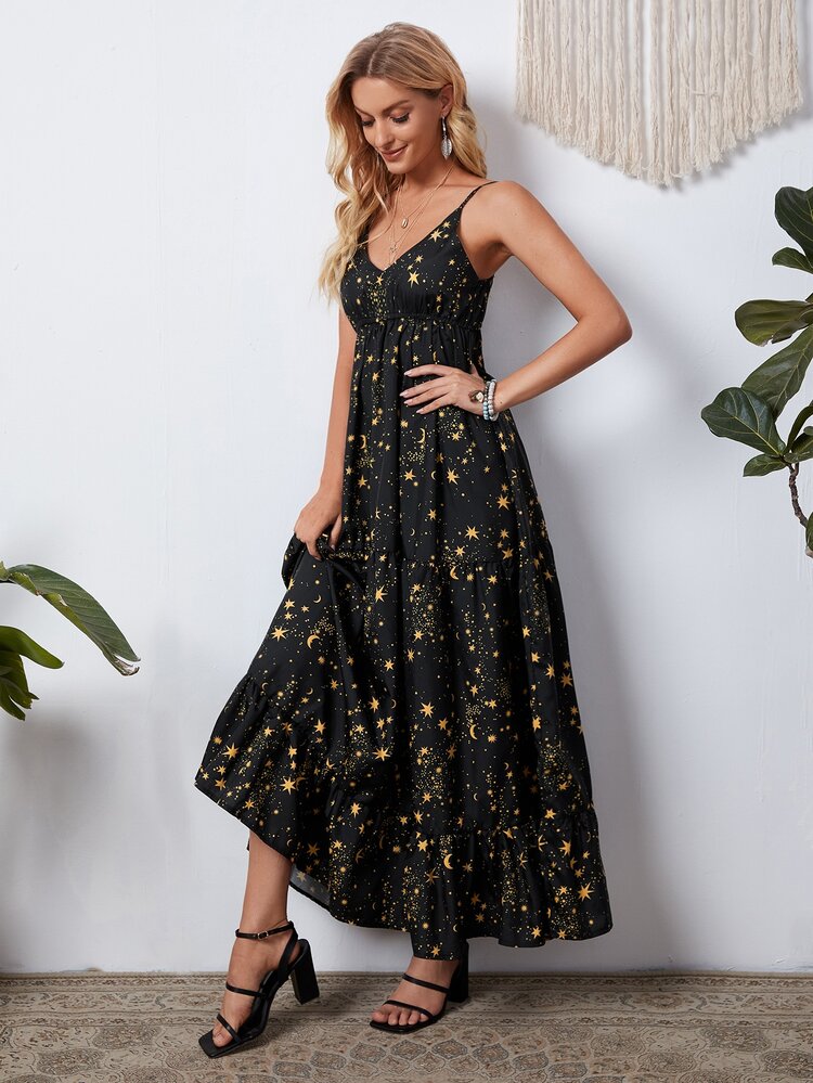 Moon And Star Print Ruffle Hem Cami Dress - Black - View 4