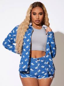 SHEIN Drawstring Detail Allover Letter Graphic Hooded Denim Jacket - Medium Wash - View 1