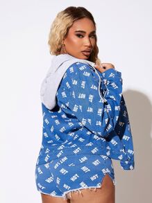 SHEIN Drawstring Detail Allover Letter Graphic Hooded Denim Jacket - Medium Wash - View 2